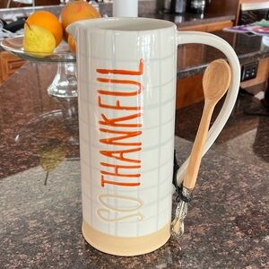 Mud Pie Cream and Orange Stoneware Pitcher “Be grateful” Be thankful”